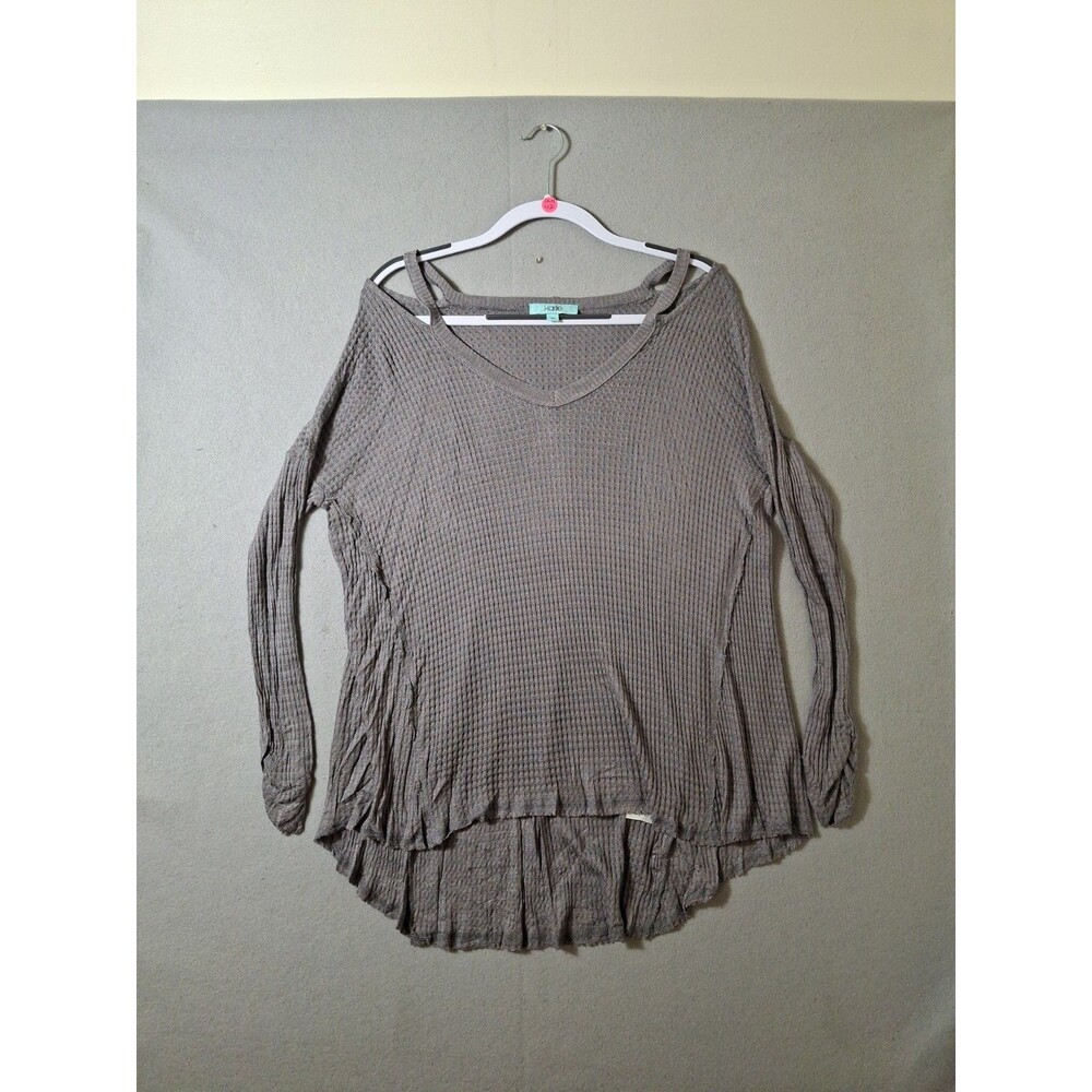 Karlie Smoke Grey Waffle Knit Thermal Tunic Cold Shoulder Strap Top M USA